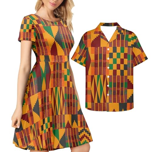 Couple Christmas Shirt and Dress Womens Elegant Short Sleeve Round Neck Cocktail Party Green Xmas Swing Dress
