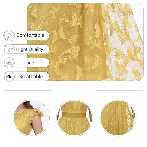 Women's Casual Tulle Midi Dress Ruffle Sleeve Crewneck Lace Flowy Dresses Party Wedding Guest Sundress
