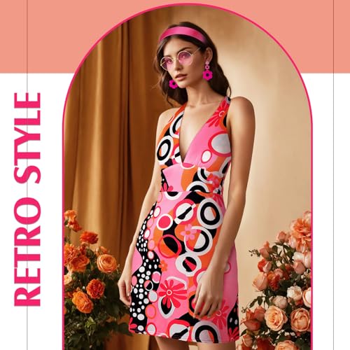 4 Pcs 60s 70s Hippie Costume Women Retro Disco Outfit Groovy Dress Headband Earring Party Sunglasses for Halloween