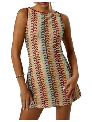 Women's Color Block Crochet Boho Bodycon Mini Dress Summer Peasant Vacation Sleeveless Tank Sundresses 2025