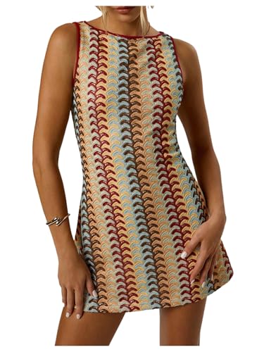 Women's Color Block Crochet Boho Bodycon Mini Dress Summer Peasant Vacation Sleeveless Tank Sundresses 2025