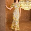 Women's 3D Floral Embroidery Dress Ruffle Sleeve Fishtail Lace Bodycon Party Cocktail Mini Dress