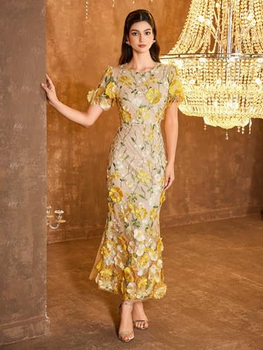 Women's 3D Floral Embroidery Dress Ruffle Sleeve Fishtail Lace Bodycon Party Cocktail Mini Dress