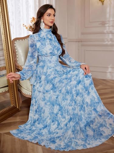 Summer Casual Dresses for Women 2024 Spring Fashion Boho V Neck Long Sleeve Ruffle Floral Print Elegant Maxi Dress