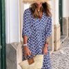Womens Loose Fit Casual Summer V Neck Half Sleeve Bohemian Geometric Pattern Maxi Long Dresses