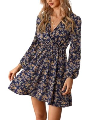 Women Floral Ruffle Summer Dress Surplice V Neck Long Peasant Sleeve Elastic Waist Flowy Casual Holiday Mini Dress