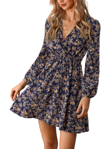 Women Floral Ruffle Summer Dress Surplice V Neck Long Peasant Sleeve Elastic Waist Flowy Casual Holiday Mini Dress