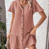Women's Boho 2025 Summer Mini Dress, Solid Color V-Neck Single-Breasted Dress