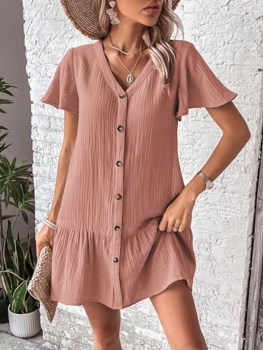 Women's Boho 2025 Summer Mini Dress, Solid Color V-Neck Single-Breasted Dress