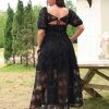 Women's 2025 Plus Cocktail Formal Guest Dresse 3D Lace Sweetheart Neckline Puff Sleeve A Line Maxi Dresses