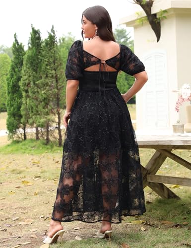 Women's 2025 Plus Cocktail Formal Guest Dresse 3D Lace Sweetheart Neckline Puff Sleeve A Line Maxi Dresses