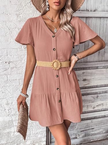 Women's Boho 2025 Summer Mini Dress, Solid Color V-Neck Single-Breasted Dress
