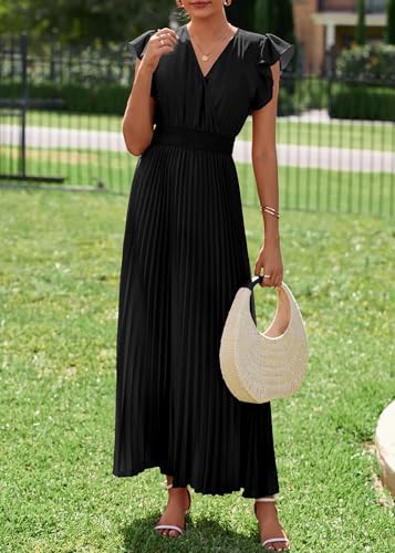 Women's Summer Maxi Dresses Elegant V Neck Ruffle Flutter Sleeves Empire Waist Pleated Flowy Wedding Guest Dress