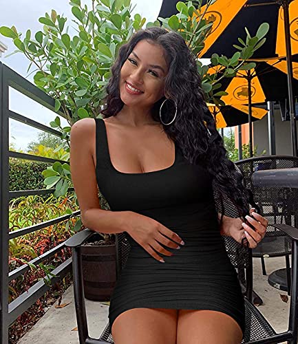 Womens Summer Bodycon Mini Dress Scoop Neck Ruched Sleeveless Ribbed Knit Casual Party Club Short Tank Dress