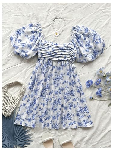 Women's Floral Dress Puff Sleeve Dress Square Neck Summer Vacation Picnic Mini Dresses