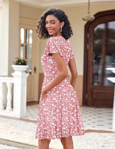 Womens Summer Dress Casual Swing Floral Ruffle Short Sleeve Sundresses Beach Mini A-line Shift Dress 2025 with Pockets