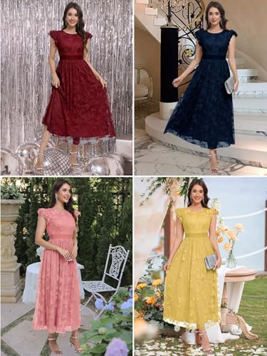 Women's Casual Tulle Midi Dress Ruffle Sleeve Crewneck Lace Flowy Dresses Party Wedding Guest Sundress