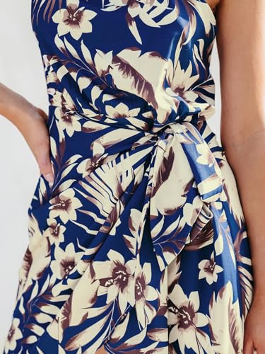 Women's One Shoulder Leaf Print Self-tie Short Dress Sleeveless Tiered Hem Formal Dress Casual Mini Dress