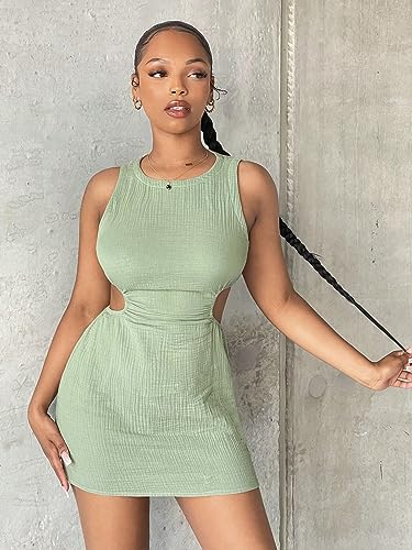 Women's Dress Cut Out Waist Mini Dress - Sexy Sleeveless Fitted Bodycon Dress with Cut Out Details and Zipper Dress IPADSA
