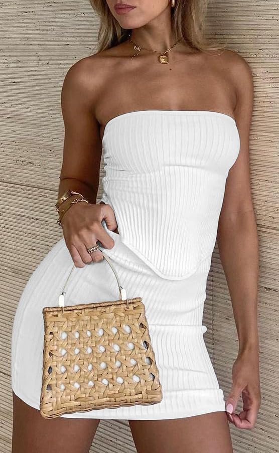 Womens Sexy Summer Two Piece Outfits Bandeau Going Out Crop Tops Bodycon Skirt Sets Mini Dress