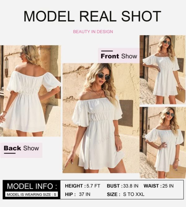 Womens Off The Shoulder Summer Dresses 2025 Short Lantern Sleeve Ruffle Elastic Waist A-Line Casual Mini Dress