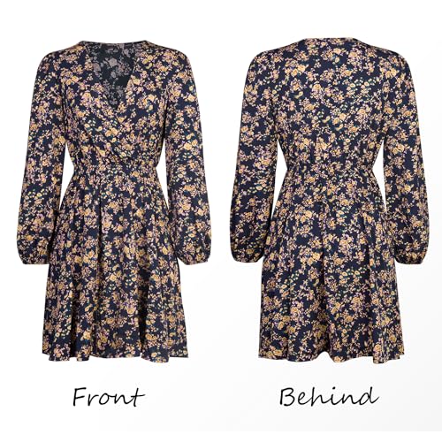 Women Floral Ruffle Summer Dress Surplice V Neck Long Peasant Sleeve Elastic Waist Flowy Casual Holiday Mini Dress