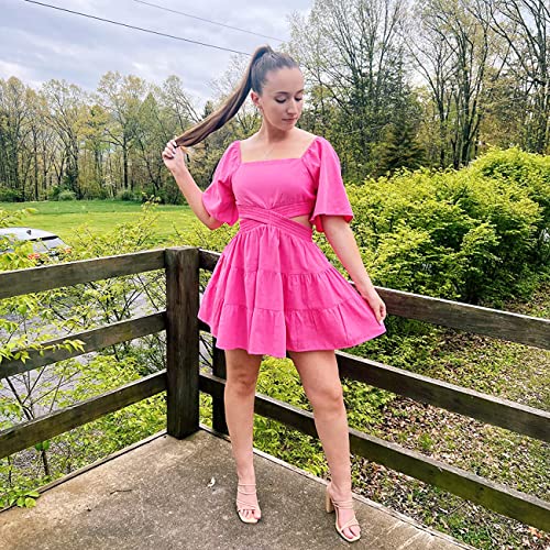 Women's Summer Dress Square Neck Short Sleeves Crossover Waist Casual Party Mini Dress